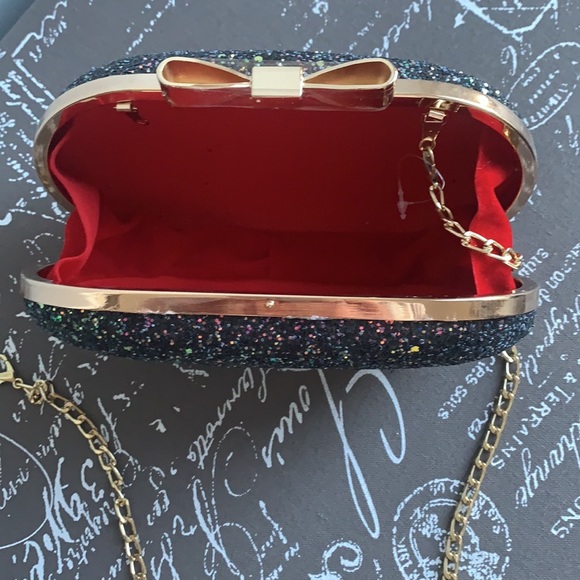 Chic and sparkly encrusted evening clutch - bow detail clasp gold colour trim. - Picture 3 of 3